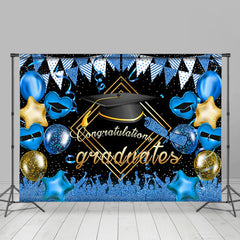 Lofaris Glitter Blue And Golden Balloon Flag Graduates Backdrop