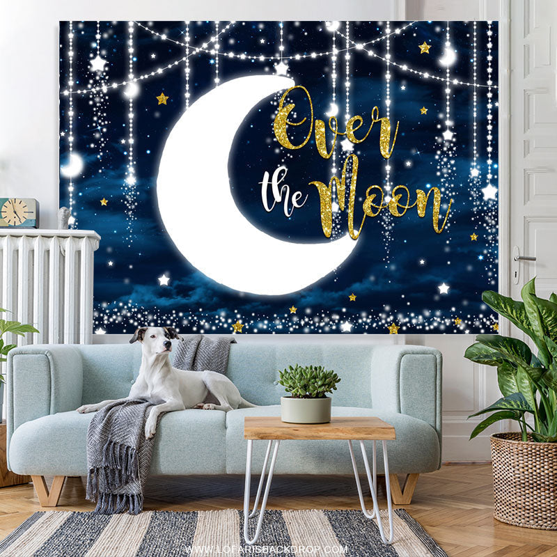Lofaris Glitter Blue And Over The Moon Baby Shower Backdrop