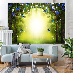 Lofaris Glitter Blue Butterfly Flowers Bokeh Spring Backdrop