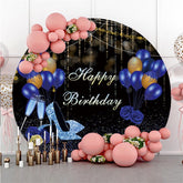 Lofaris Glitter Blue Gold Balloon Circle Happy Birthday Backdrop