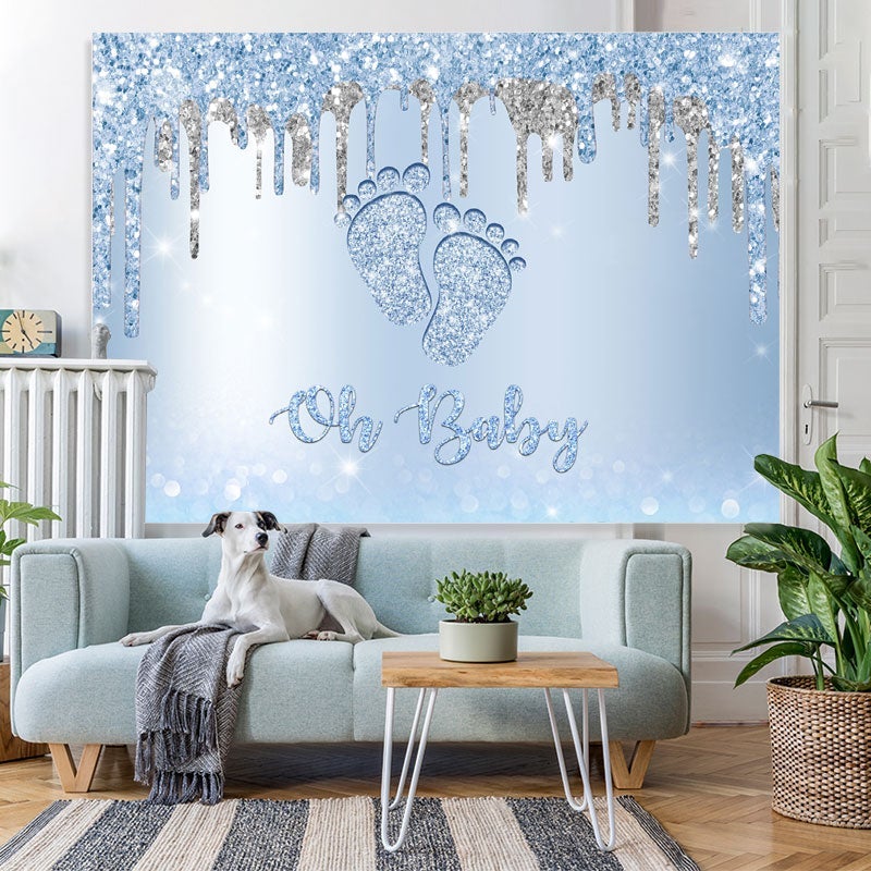 Lofaris Glitter Blue Little Feet Backdrop Baby Shower for Boy