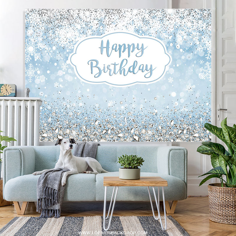 Lofaris Glitter Blue Snowflake Happy Birthday Backdrop For Boy
