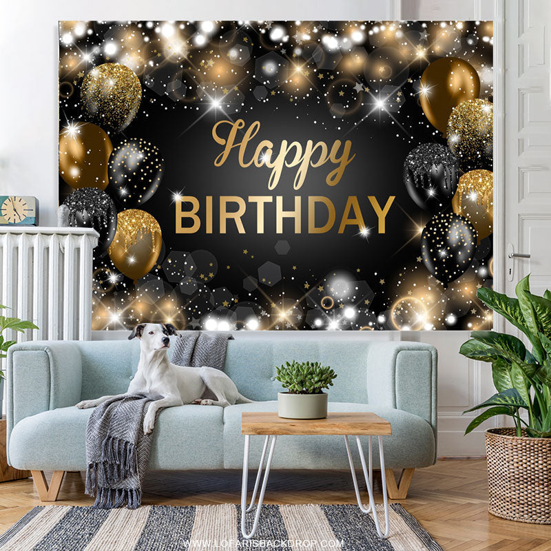 Lofaris Glitter Bokeh Black Gold Balloon Happy Birthday Backdrop