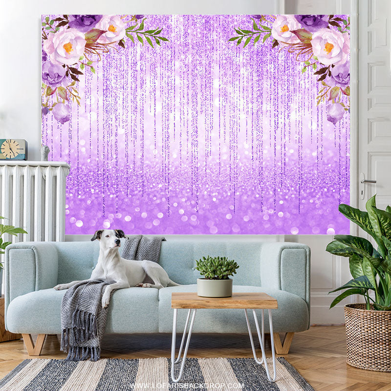 Lofaris Glitter Bokeh Purple Lines And Flower Birthday Backdrop