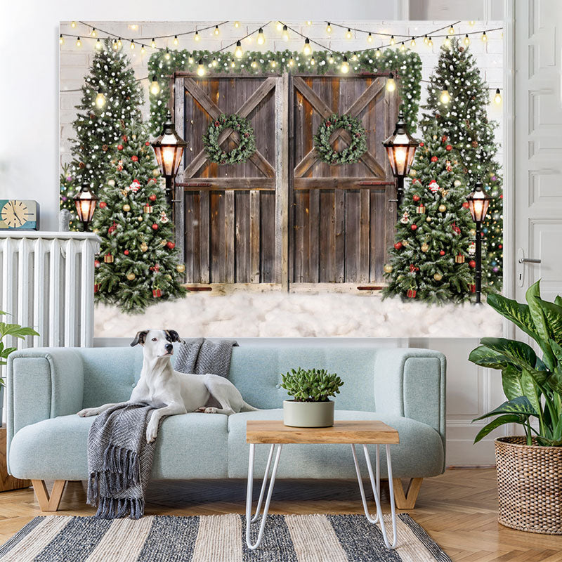 Lofaris Glitter Christmas Trees With Street Lamps Backdrop