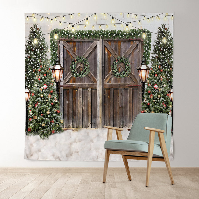 Lofaris Glitter Christmas Trees With Street Lamps Backdrop