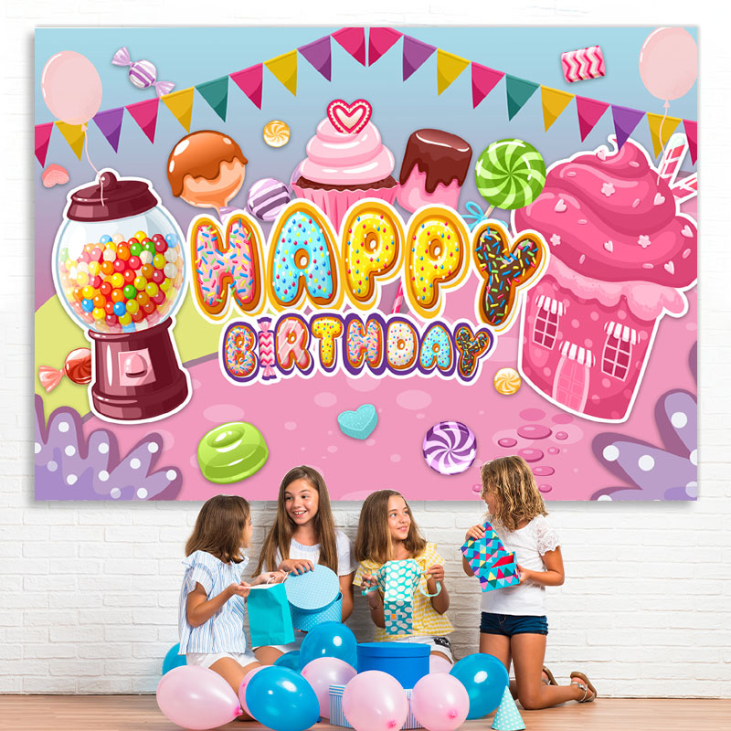 Lofaris Glitter Cute Candy And Cupcake Happy Birthday Backdrop