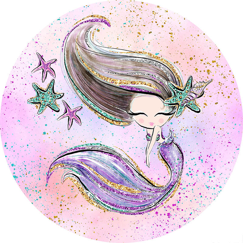 Lofaris Glitter Cute Mermaid Happy Birthday Round Backdrop Kit