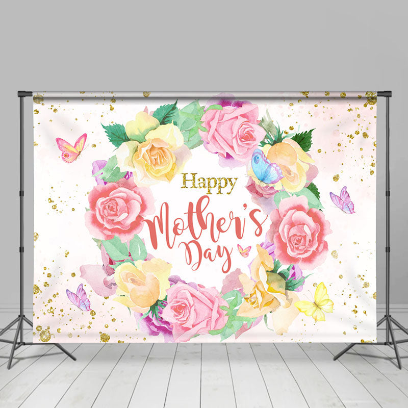 Lofaris Glitter Floral Butterfly Happy Mothers Day Backdrop