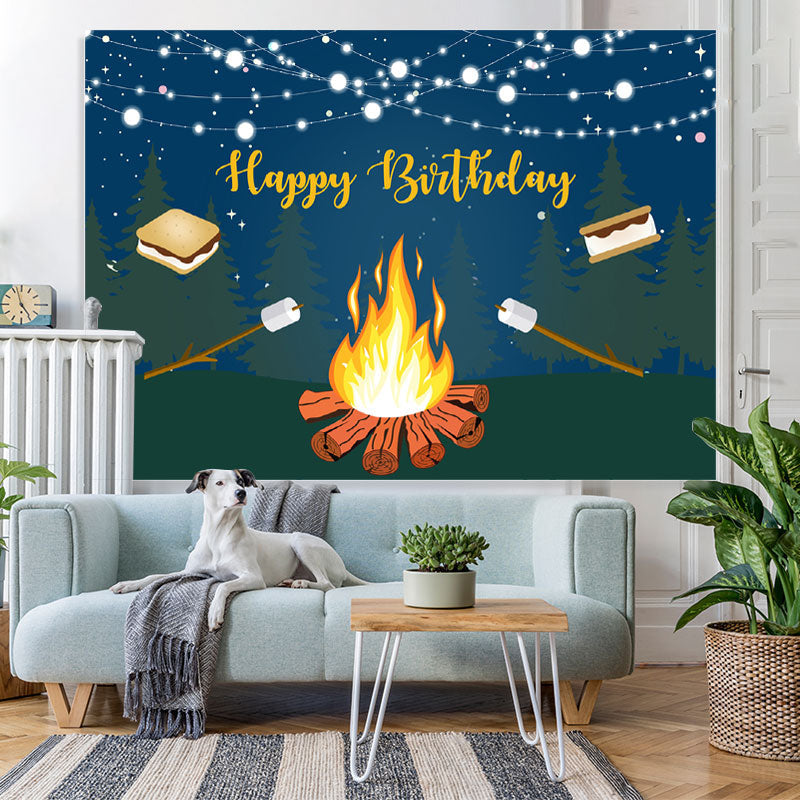 Lofaris Glitter Forest Night With Bbq Happy Birthday Backdrop