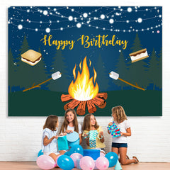 Lofaris Glitter Forest Night With Bbq Happy Birthday Backdrop