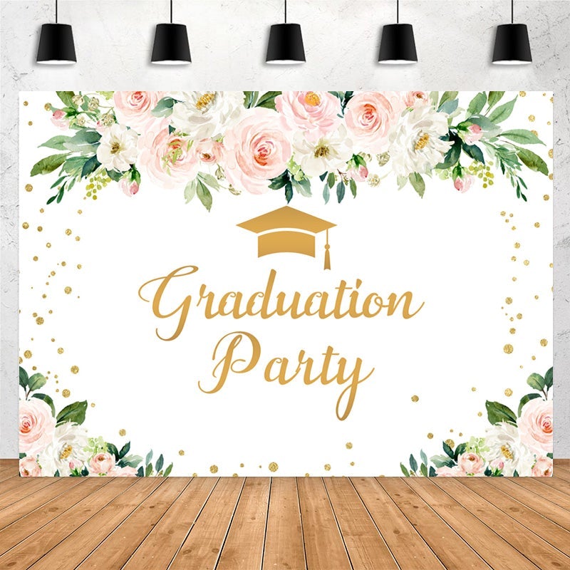 Lofaris Glitter Gold And Pink Floral Graduation Party Backdrop