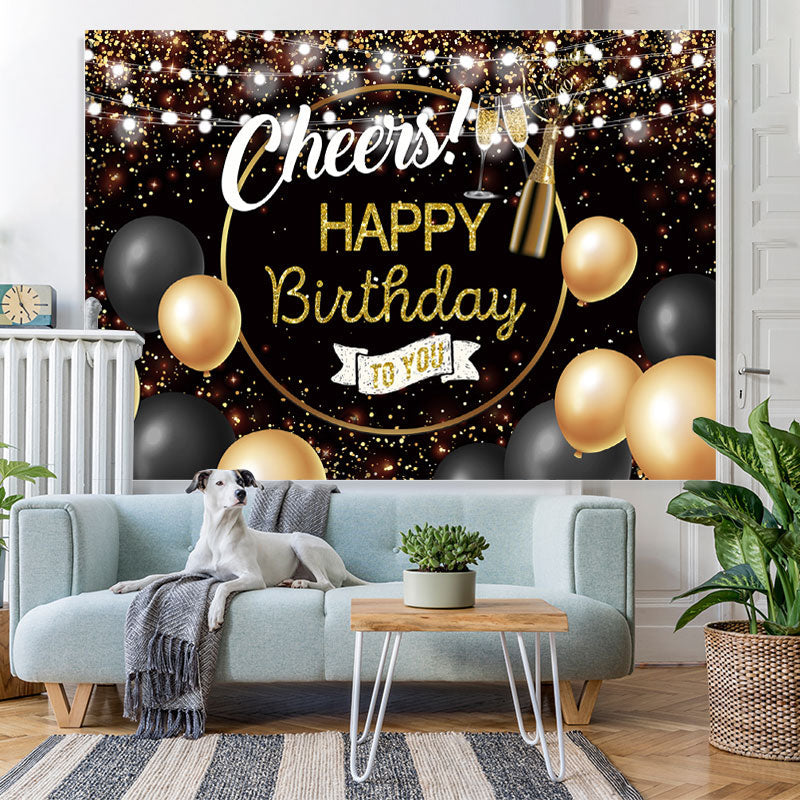 Lofaris Glitter Golden And Black Cheers Happy Birthday Backdrop