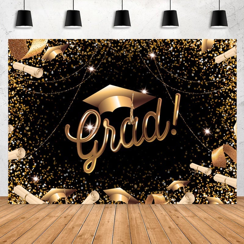 Lofaris Glitter Golden And Black Happy Graduation Backdrop