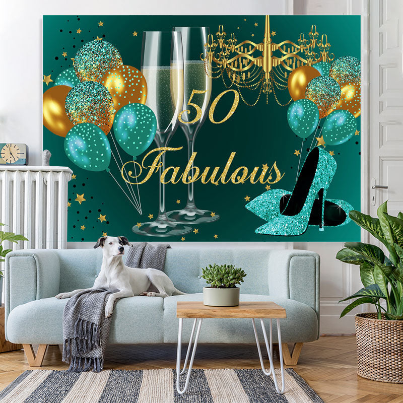 Lofaris Glitter Golden And Blue Happy 50Th Birthday Backdrop