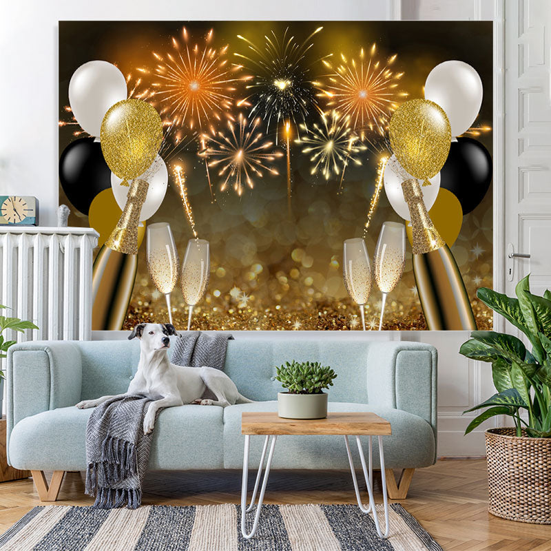 Lofaris Glitter Golden Balloons And Fireworks Bokeh Backdrop