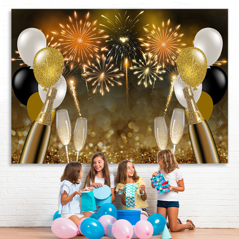 Lofaris Glitter Golden Balloons And Fireworks Bokeh Backdrop