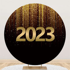 Lofaris Glitter Golden Black Happy New Year Circle Backdrop
