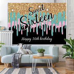 Lofaris Glitter Golden Blue Pink Sweet 16 Birthday Backdrop