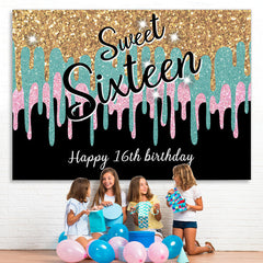 Lofaris Glitter Golden Blue Pink Sweet 16 Birthday Backdrop