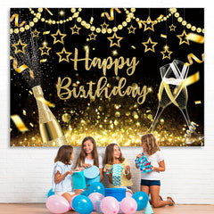 Lofaris Glitter Golden Pearl Stars Happy Birthday Backdrop
