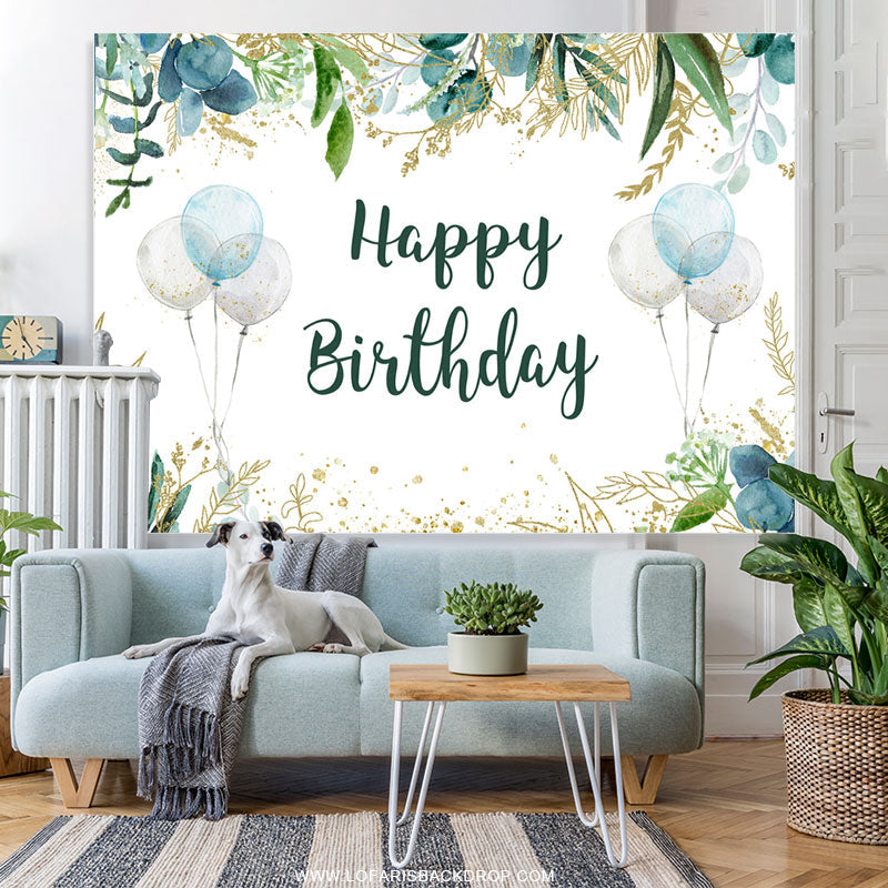 Lofaris Glitter Green Leaves And Balloons Birthday Backdrop
