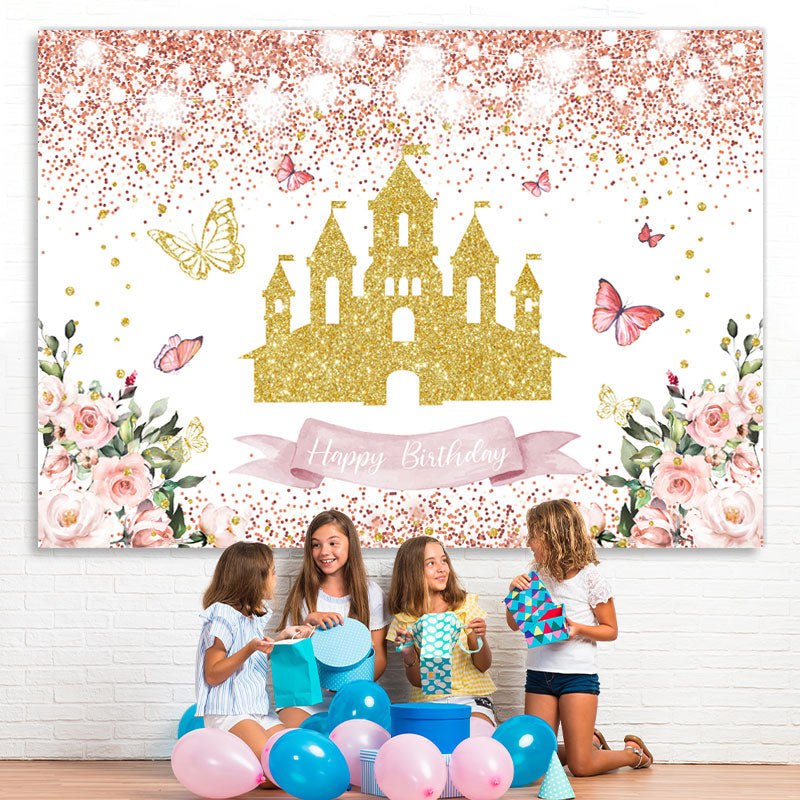 Lofaris Glitter Pink And Golden Castle Floral Birthday Backdrop