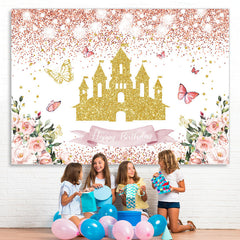 Lofaris Glitter Pink And Golden Castle Floral Birthday Backdrop