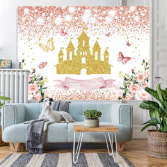 Lofaris Glitter Pink And Golden Castle Floral Birthday Backdrop