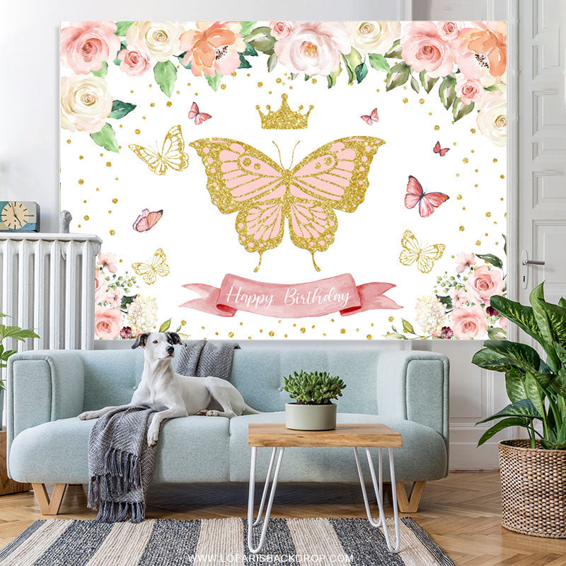 Lofaris Glitter Pink Butterfly Floral Happy Birthday Backdrop
