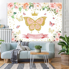 Lofaris Glitter Pink Butterfly Floral Happy Birthday Backdrop