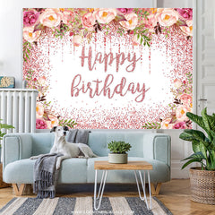 Lofaris Glitter Pink Floral Happy Birthday Backdrop For Girl