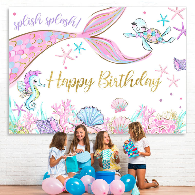 Lofaris Glitter Pink Mermaid In The Sea Happy Birthday Backdrop