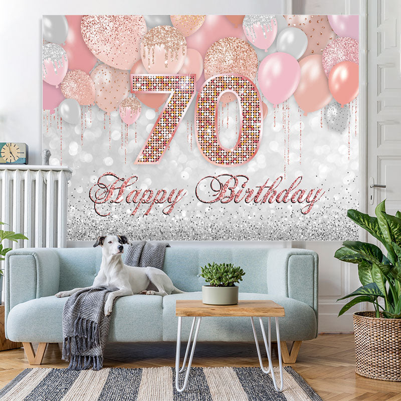Lofaris Glitter Pink Silver Balloon Happy 70Th Birthday Backdrop