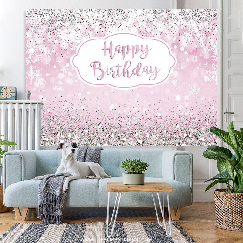 Lofaris Glitter Pink Snowflake Happy Birthday Backdrop For Girl