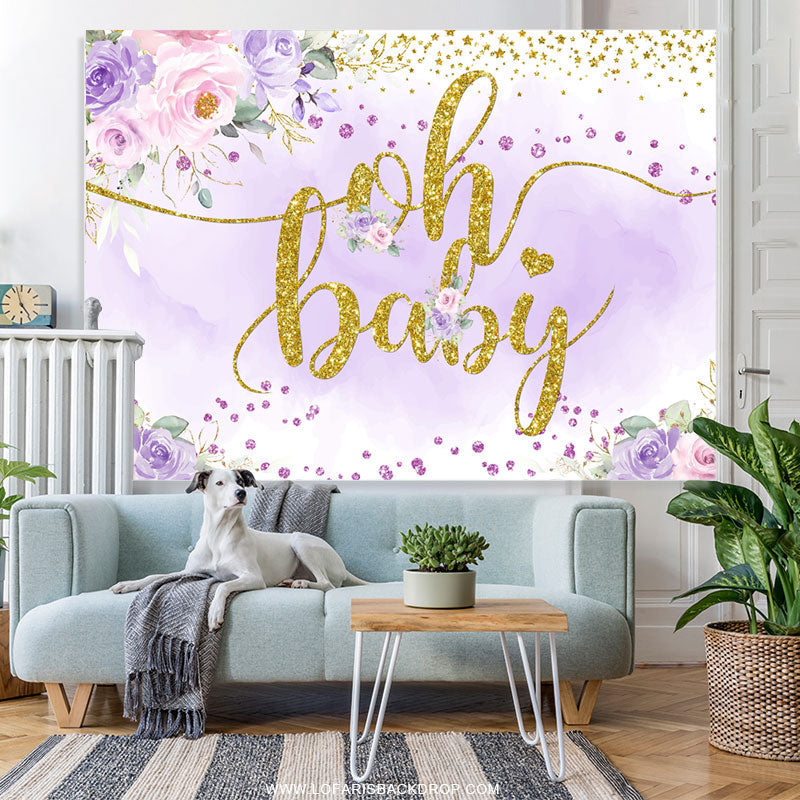 Lofaris Glitter Purple And Golden Floral Baby Shower Backdrop