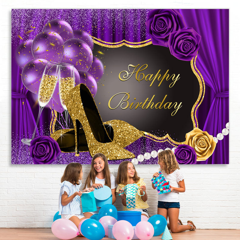 Lofaris Glitter Purple And High Heels Happy Birthday Backdrop