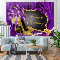 Lofaris Glitter Purple And High Heels Happy Birthday Backdrop