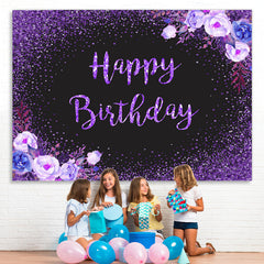 Lofaris Glitter Purple Flowers Black Happy Birthday Backdrop