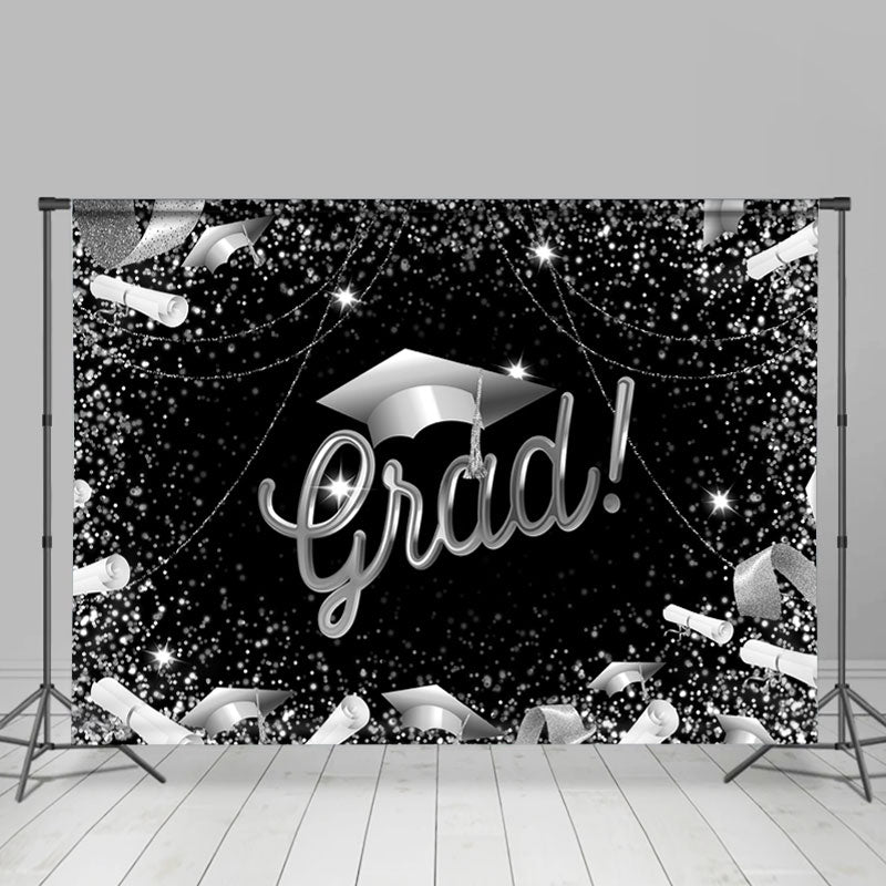 Lofaris Glitter Silver And Black Happy Graduation Backdrop