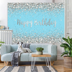 Lofaris Glitter Silver And Blue Happy Birthday theme Backdrop