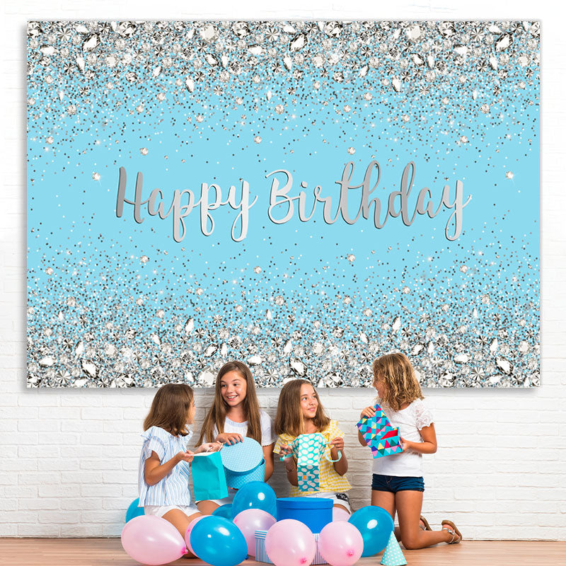 Lofaris Glitter Silver And Blue Happy Birthday theme Backdrop