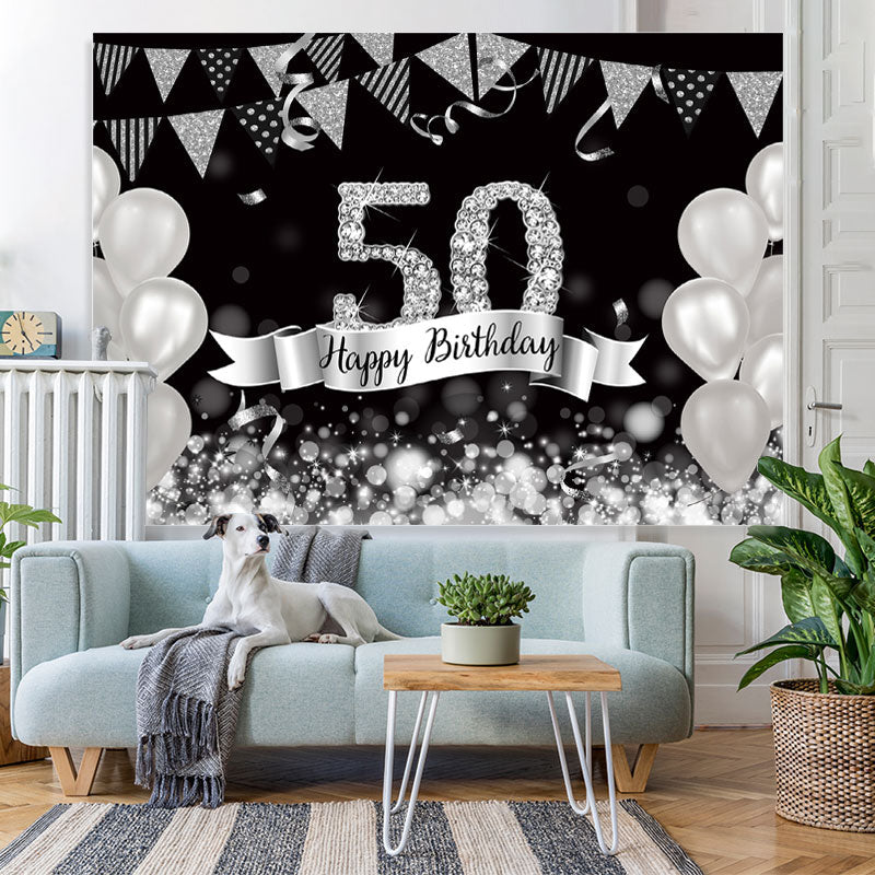 Lofaris Glitter Silver Balloons 50th Happy Birthday Backdrop