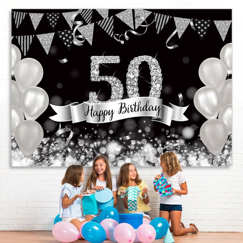 Lofaris Glitter Silver Balloons 50th Happy Birthday Backdrop
