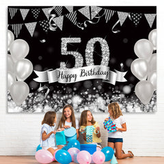 Lofaris Glitter Silver Balloons 50th Happy Birthday Backdrop