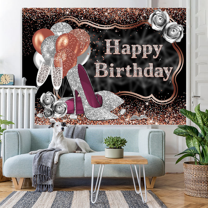Lofaris Glitter Silver Rose Golden Happy Birthday Backdrop