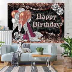 Lofaris Glitter Silver Rose Golden Happy Birthday Backdrop