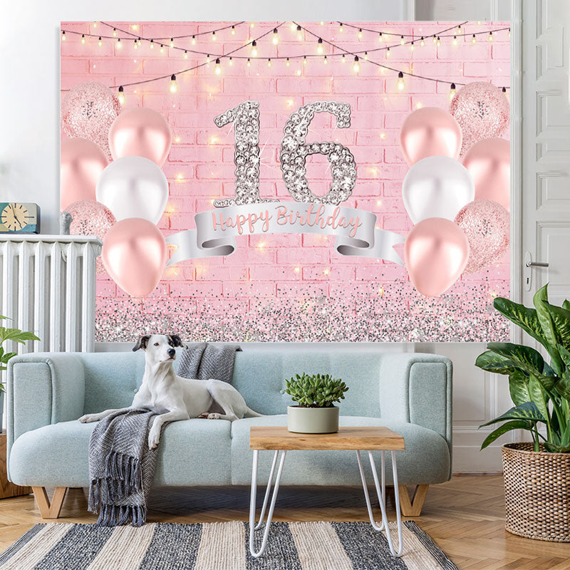 Lofaris Glitter Silver Girls Pink Balloon Birthday Backdrop