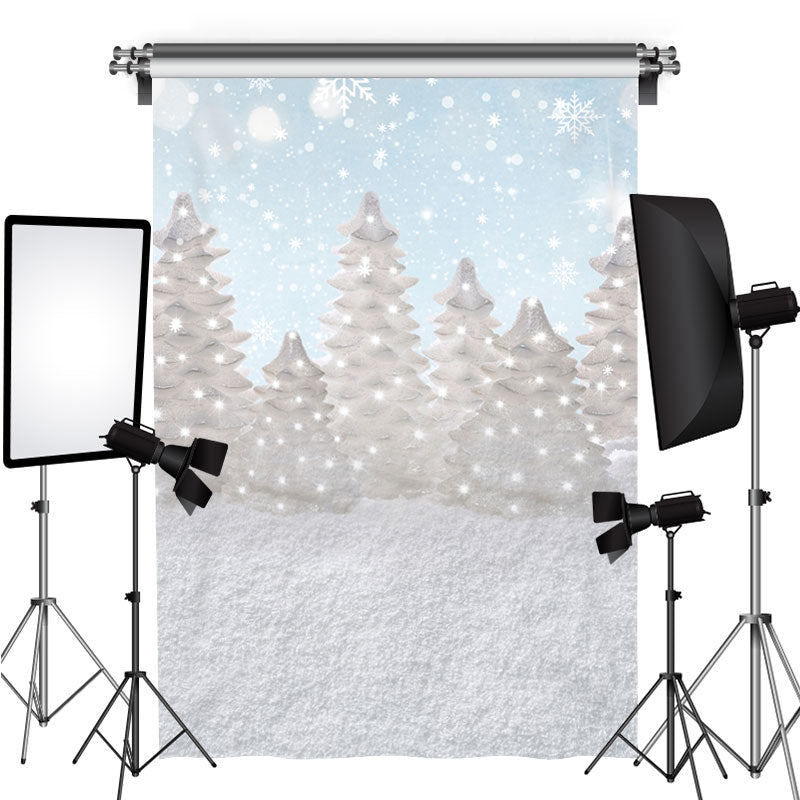 Lofaris Glitter Snowflake White Trees Winter Party Backdrop