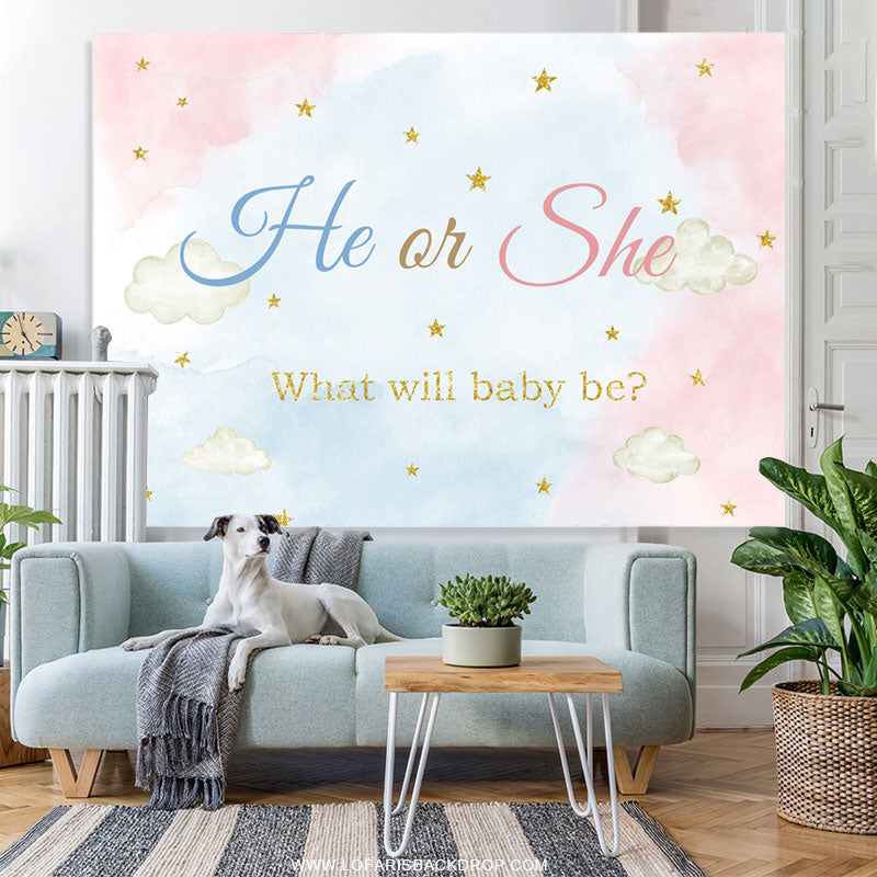 Lofaris Glitter Starry Cloud Watercolor Gender Reveal Backdrop